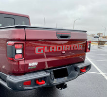 Load image into Gallery viewer, Rubicon Jeep Gladiator Tailgate Badging Kit - Custom Painted - Color Matched Gray Center and Gloss Red Trim - 2 Piece