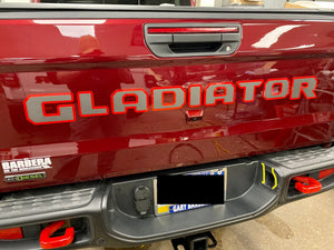 Rubicon Jeep Gladiator Tailgate Badging Kit - Custom Painted - Color Matched Gray Center and Gloss Red Trim - 2 Piece